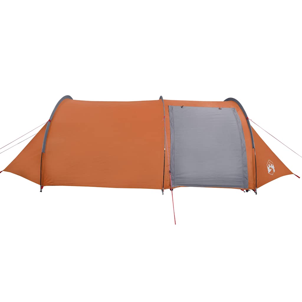 Zijaanzicht van de oranje vidaXL tunneltent met een grijze ingang.