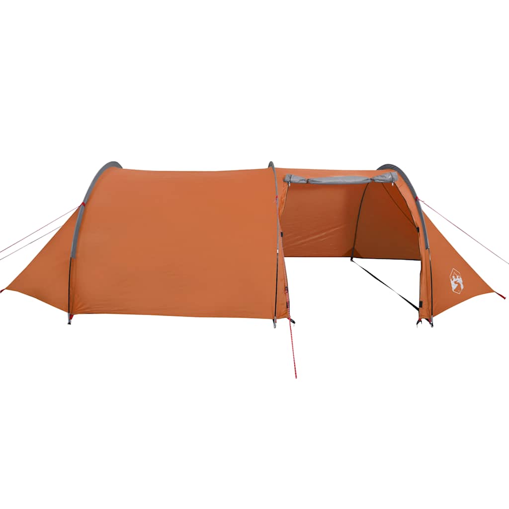 Zijaanzicht van de vidaXL 4-persoons tunneltent in oranje, met ingang en tentflappen.