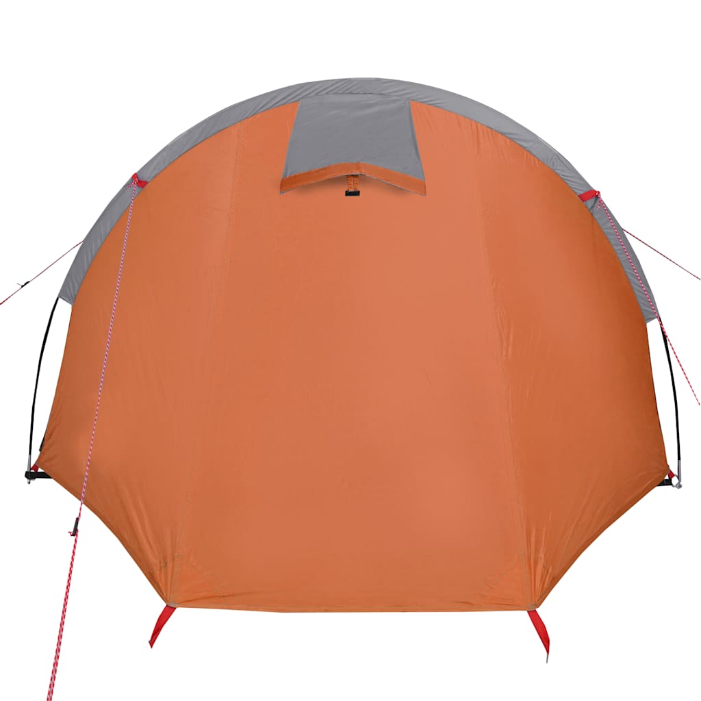 Detail van de oranje vidaXL tunneltent met grijze top, zijaanzicht.