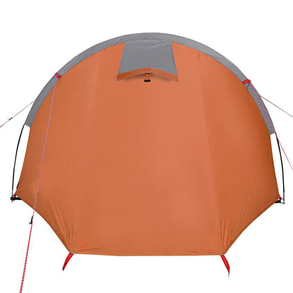 Detail van de oranje vidaXL tunneltent met grijze top, zijaanzicht.