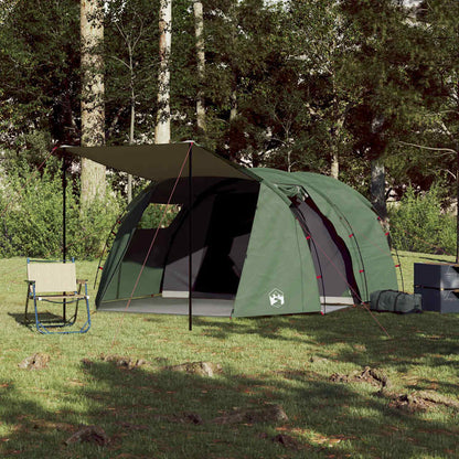 Detail van de vidaXL 4-persoons tunneltent in groen met luifel en campingstoel.