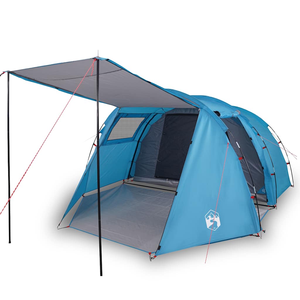 Zijaanzicht van de vidaXL 4-persoons tunneltent met waterdichte luifel in blauw.