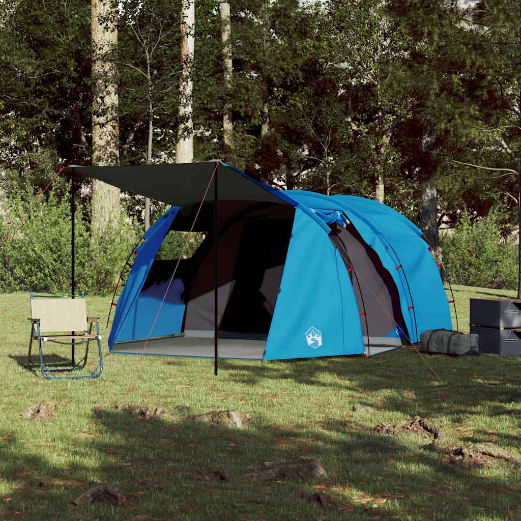 Zijaanzicht van de vidaXL 4-persoons tunneltent in blauw met praktische luifel.