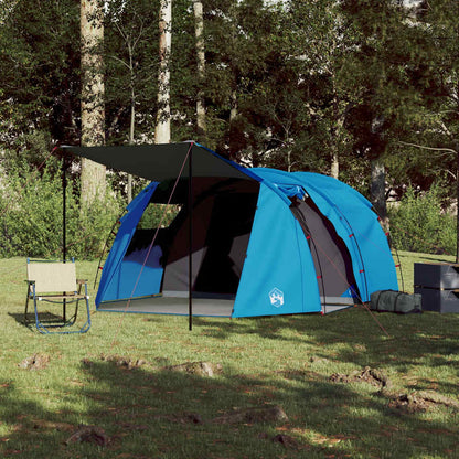 Zijaanzicht van de vidaXL 4-persoons tunneltent in blauw met praktische luifel.