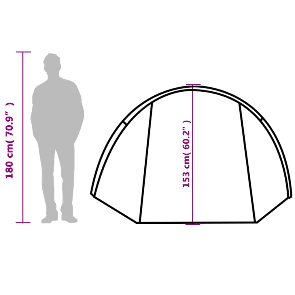 Zijaanzicht van de vidaXL tunneltent met afmetingen en silhouet van een persoon.