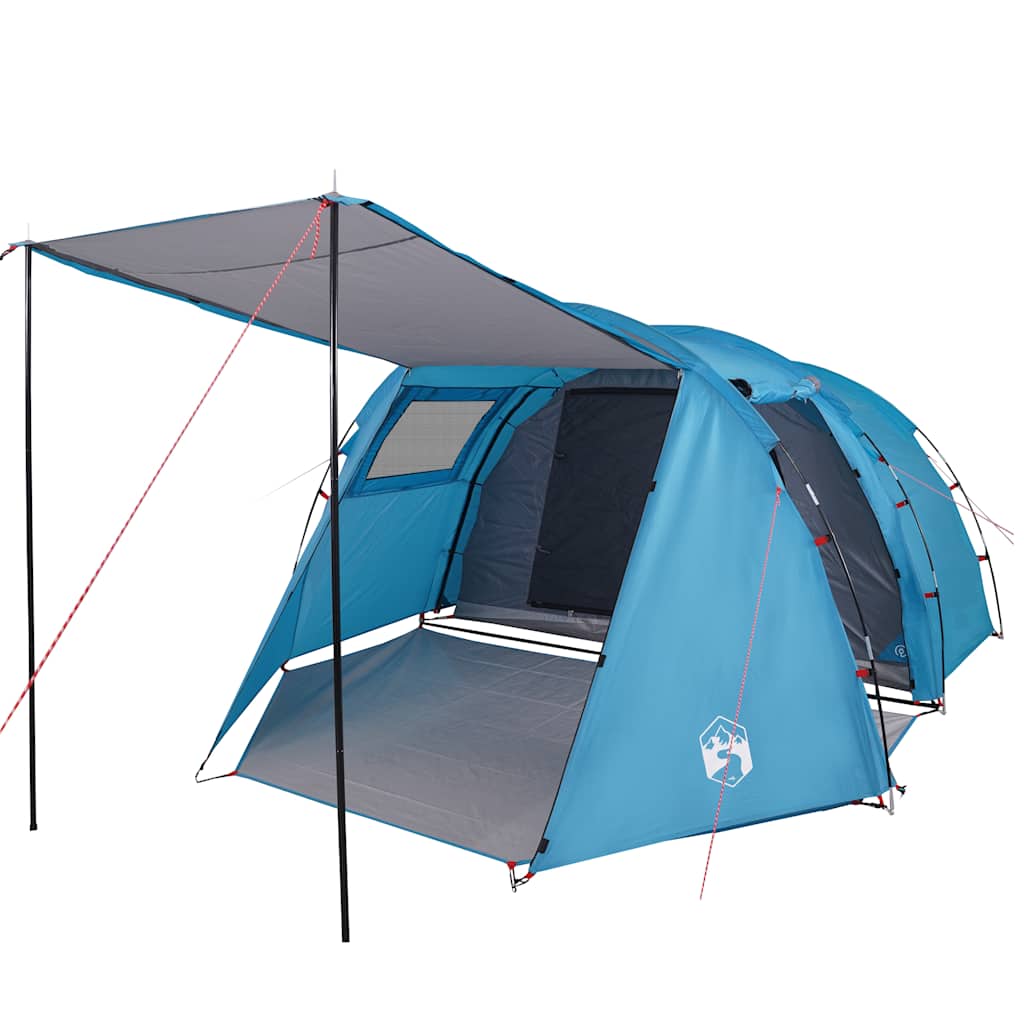 Detail van de vidaXL tunneltent in blauw met praktische luifel en ventilatieroosters.