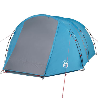 Detail van de blauwe vidaXL tunneltent met grijze ingang en stevige stokken.