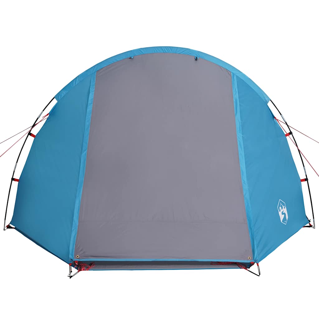 Detail van de blauwe vidaXL tunneltent met waterdichte voorkant en ventilatieopening.