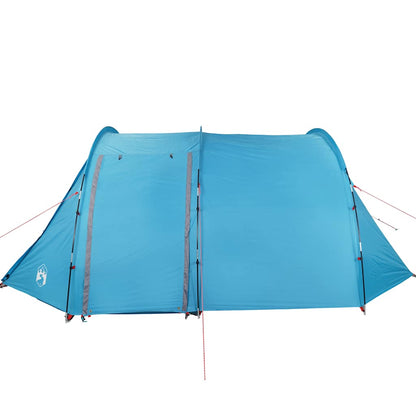 Zijaanzicht van de vidaXL tunneltent in blauw met waterdichte buitenkant.