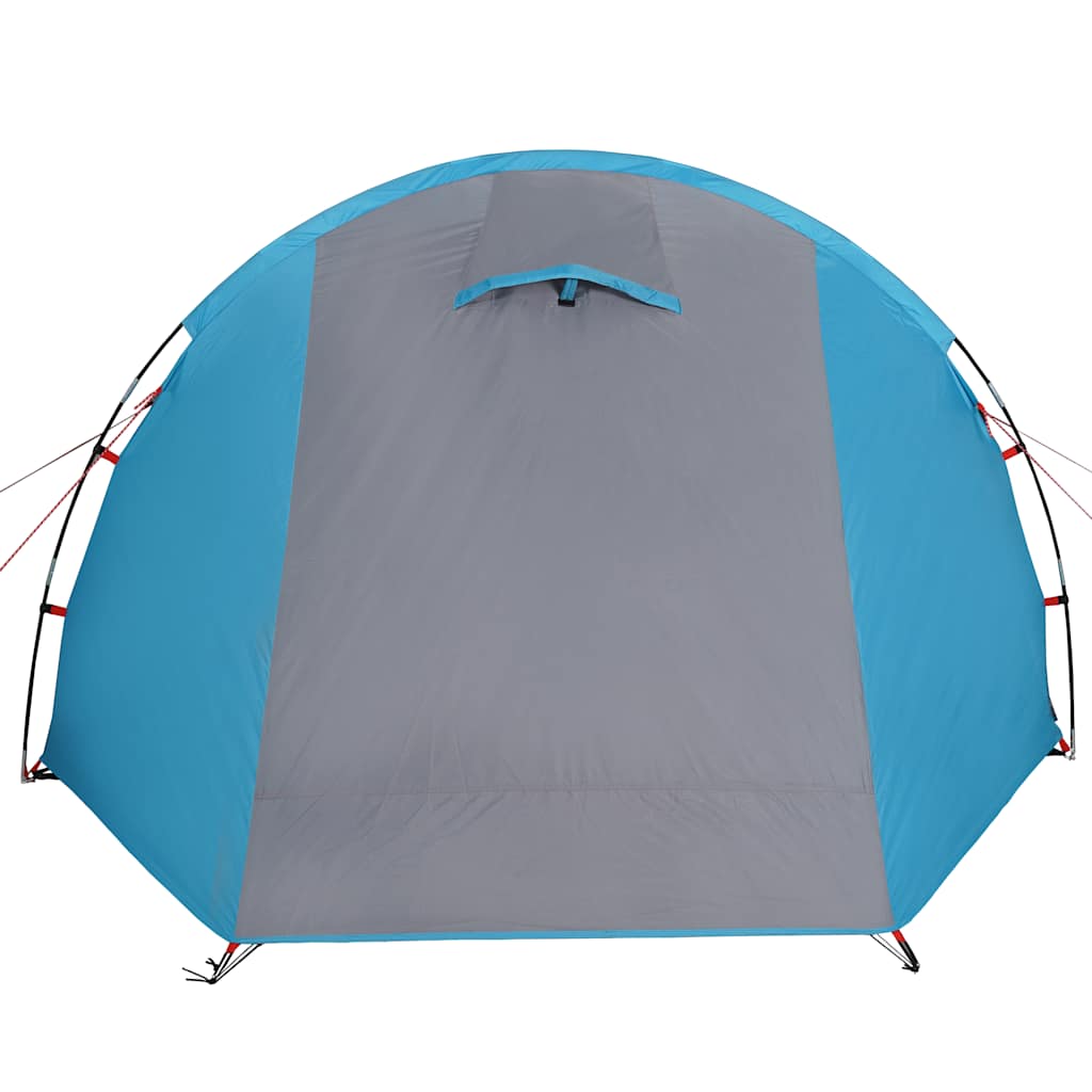 Detail van de vidaXL tunneltent in blauw met grijze voorkant en ventilatierooster.