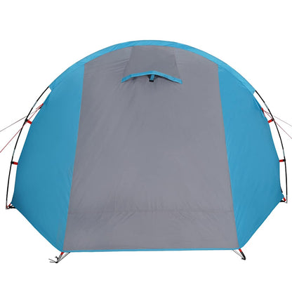 Detail van de vidaXL tunneltent in blauw met grijze voorkant en ventilatierooster.