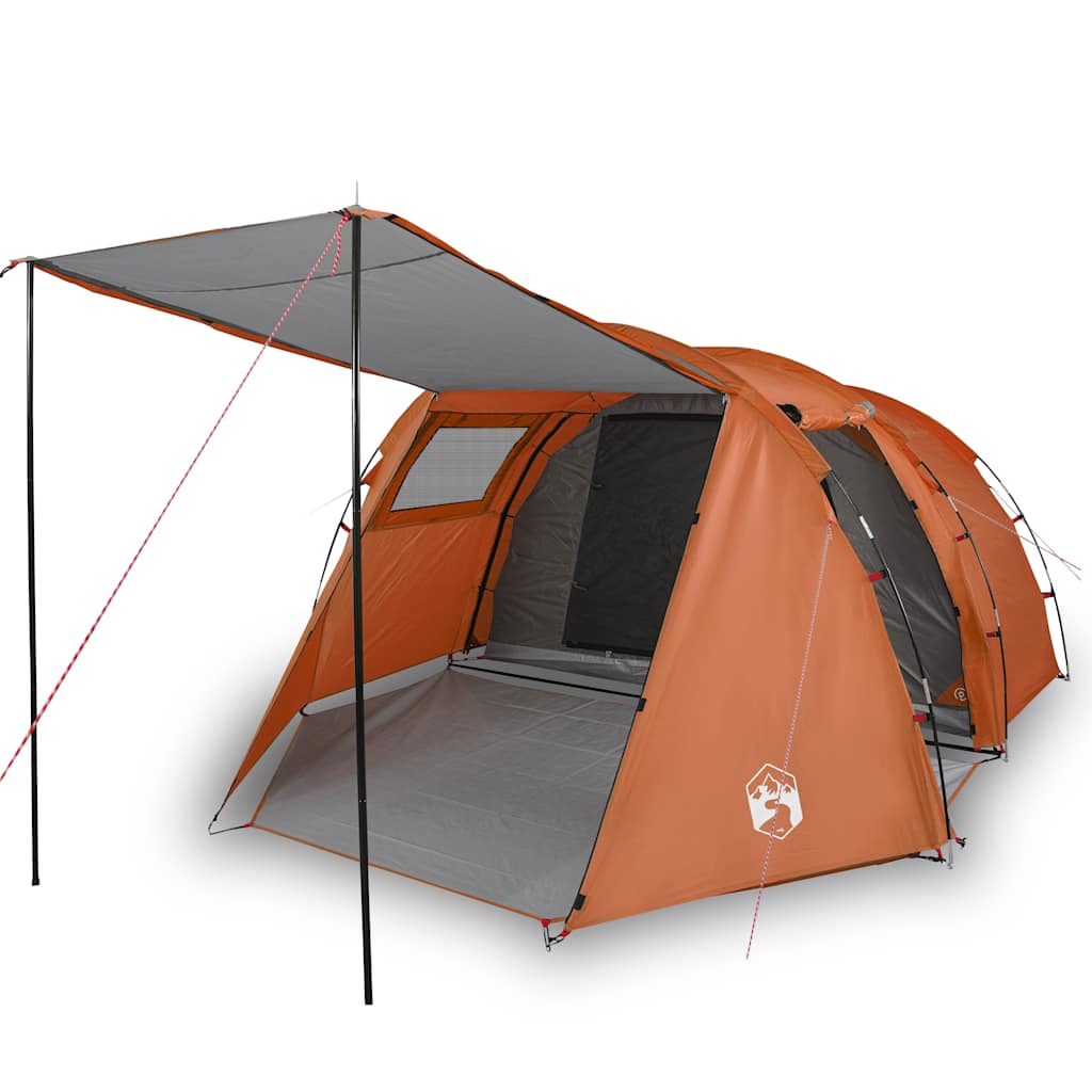 Detail van de vidaXL tunneltent met oranje luifel en grijze binnenkant, zijaanzicht.
