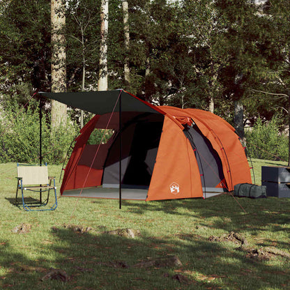 Detail van de vidaXL tunneltent in grijs en oranje met luifel, zijaanzicht in de natuur.