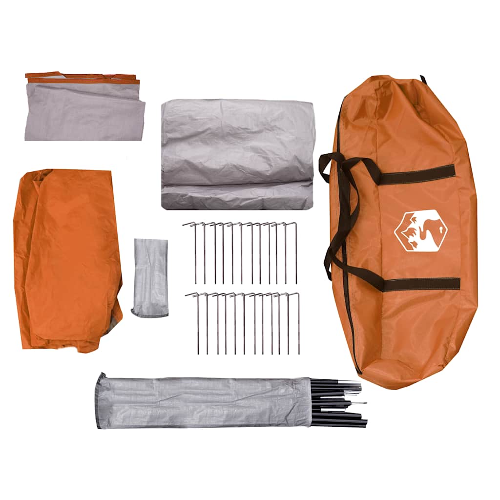 Detail van de grijze en oranje tentaccessoires, inclusief stokken en haringen van vidaXL.