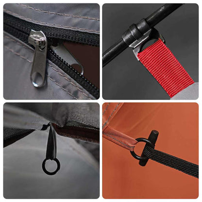 Detail van de rits en bevestigingspunten van de vidaXL 4-persoons tent in grijs en oranje.