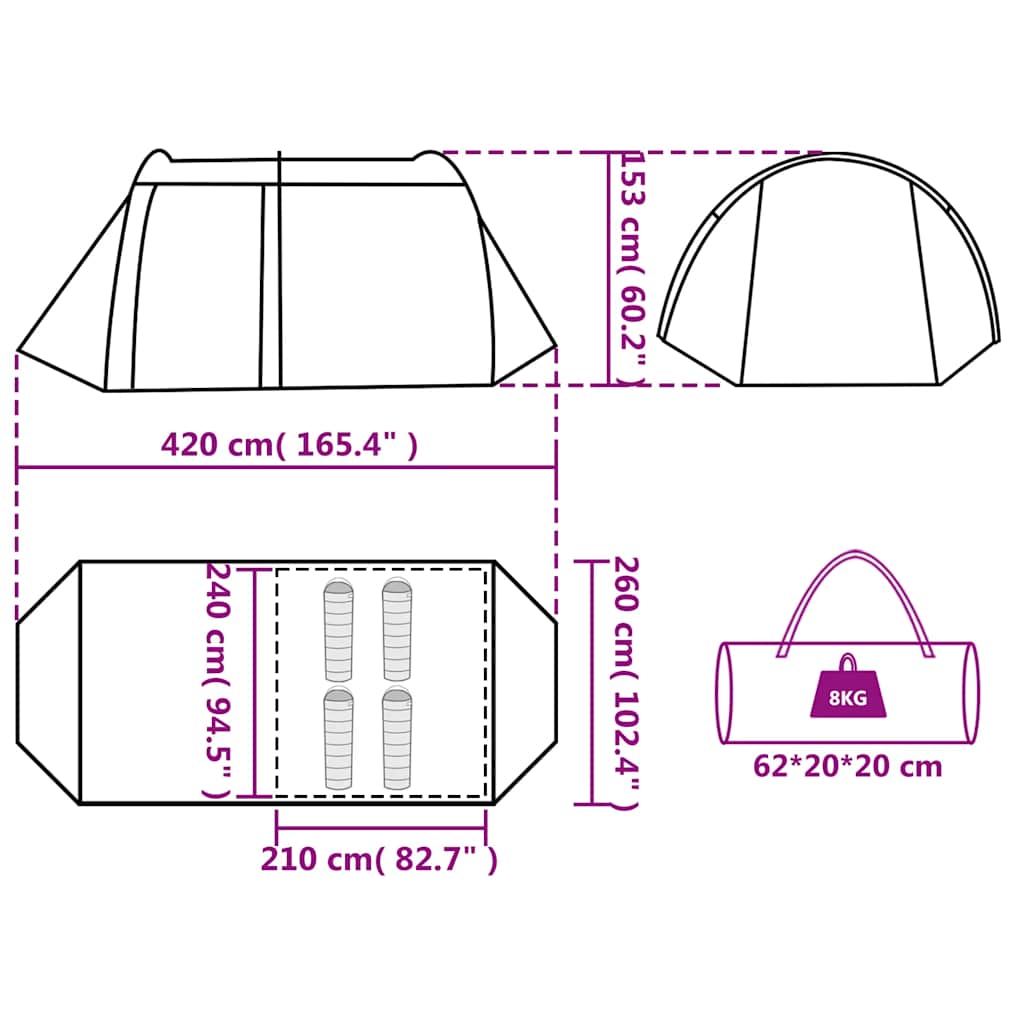 Detailtekening van de vidaXL tunneltent met afmetingen en opbergtas.