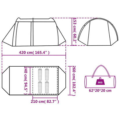 Detailtekening van de vidaXL tunneltent met afmetingen en opbergtas.