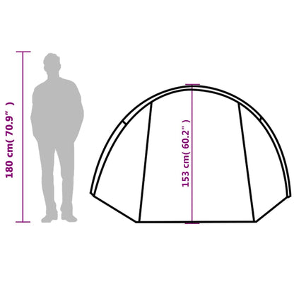 Zijaanzicht van de vidaXL tunneltent met afmetingen en een persoon ter vergelijking.