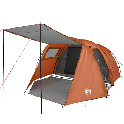 Detail van de vidaXL tunneltent in grijs en oranje met luifel en open ingang.