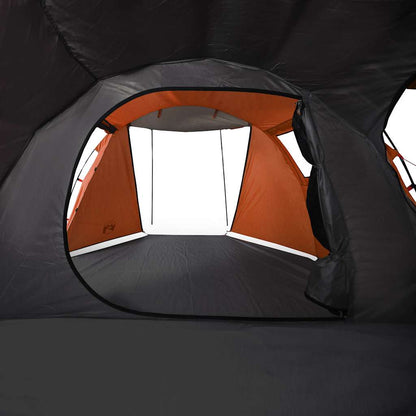 Zijaanzicht van de vidaXL tunneltent met grijze en oranje binnentent en open ingang.
