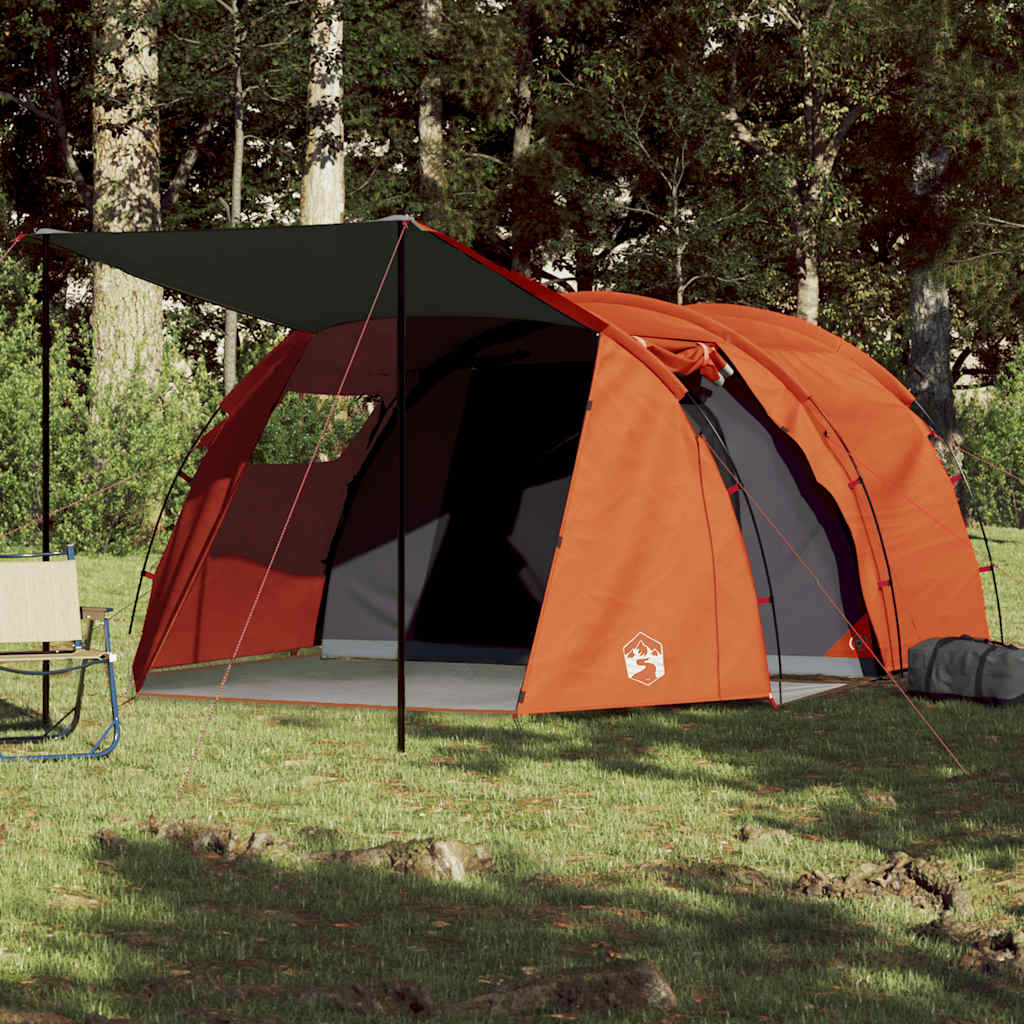 Tunneltent vidaXL 4-persoons in grijs en oranje met luifel in de natuur.