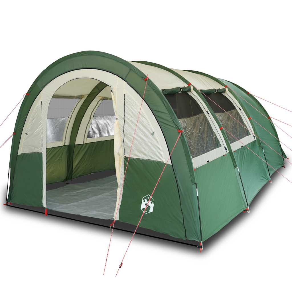 Zijaanzicht van de vidaXL 4-persoons tunneltent in groen, met gaaswanden voor ventilatie.