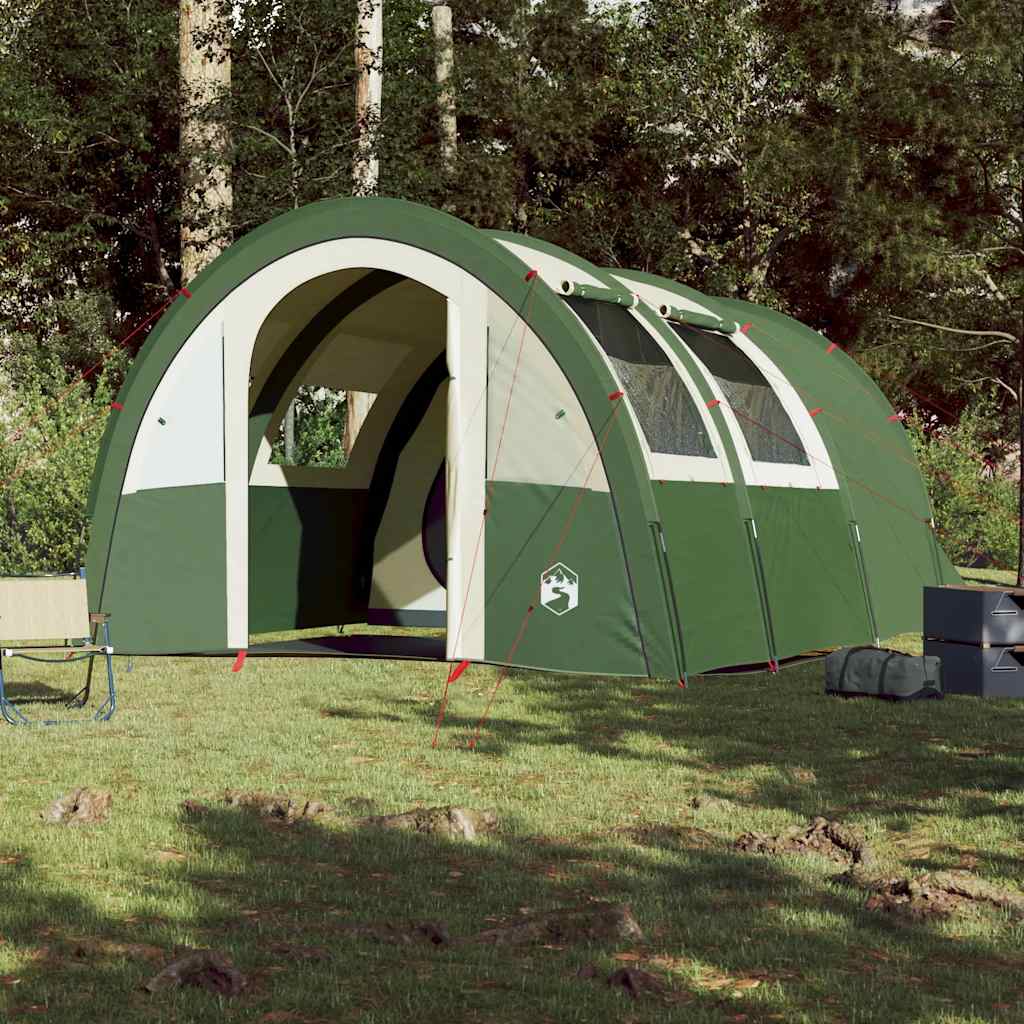 Detail van de vidaXL 4-persoons tunneltent in groen, zijaanzicht met gaaswanden voor ventilatie.