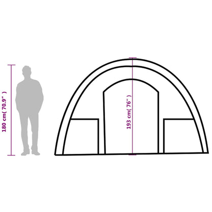 Zijaanzicht van de vidaXL tunneltent met afmetingen en ingang, geschikt voor 4 personen.