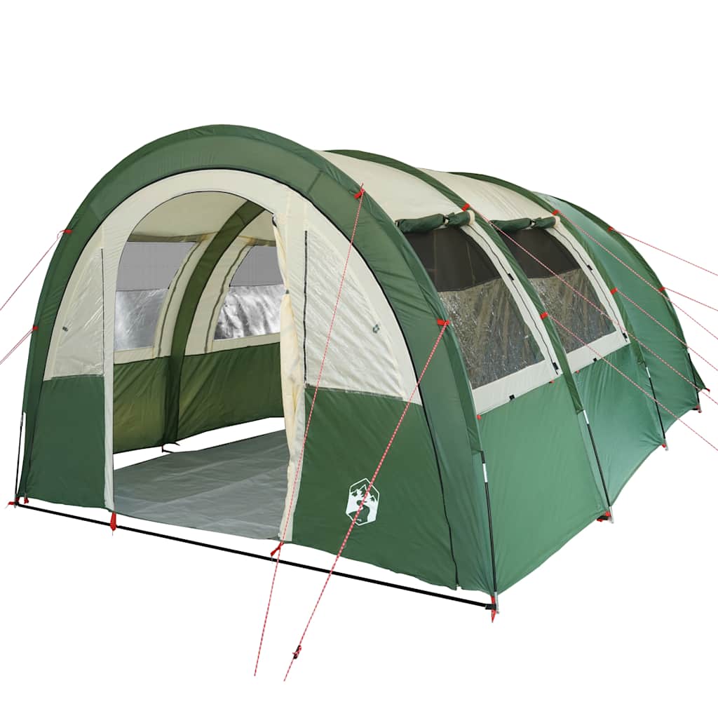 Zijaanzicht van de vidaXL 4-persoons tunneltent in groen met gaaswanden voor ventilatie.