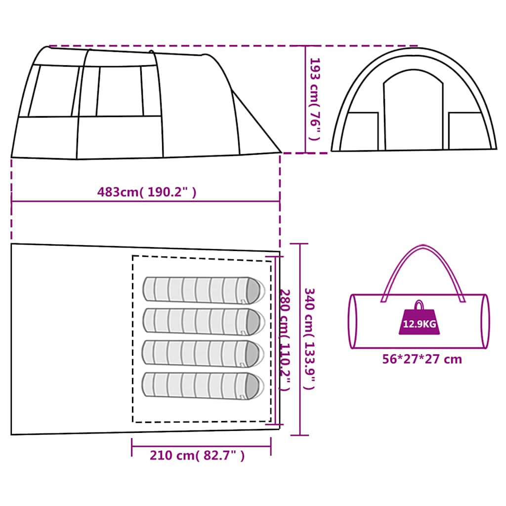 Detailtekening van de vidaXL 4-persoons tunneltent met afmetingen en draagtas.