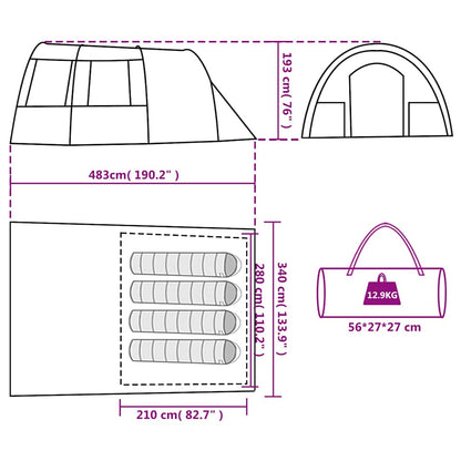Detailtekening van de vidaXL 4-persoons tunneltent met afmetingen en draagtas.