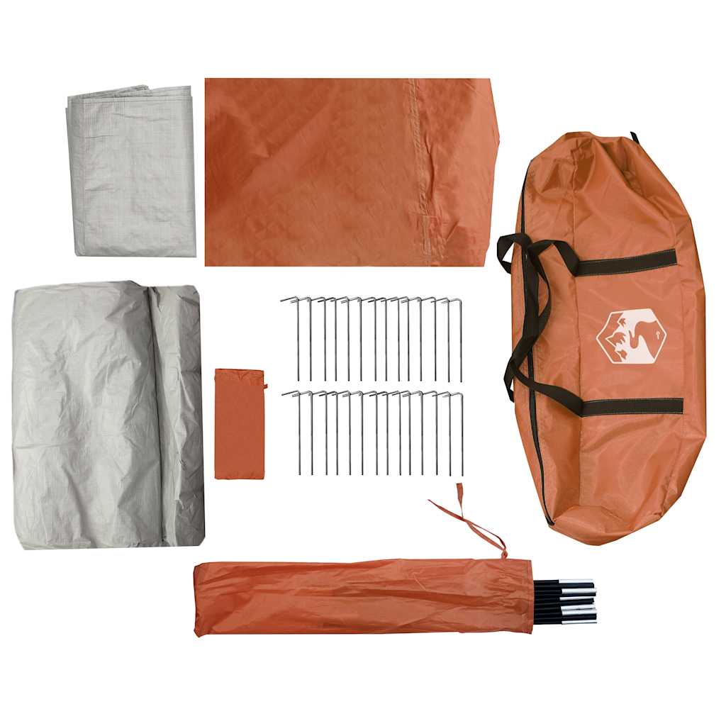 Detail van de oranje tentzak met accessoires, waaronder haringen en stokken van de vidaXL tunneltent.