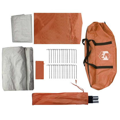 Detail van de oranje tentzak met accessoires, waaronder haringen en stokken van de vidaXL tunneltent.