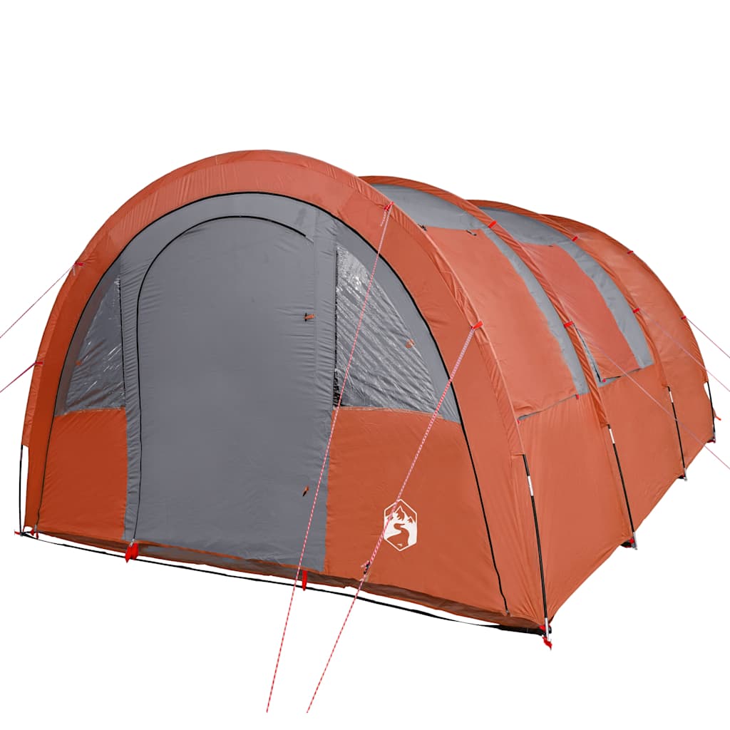 Detail van de vidaXL tunneltent in grijs en oranje met ventilatieroosters.