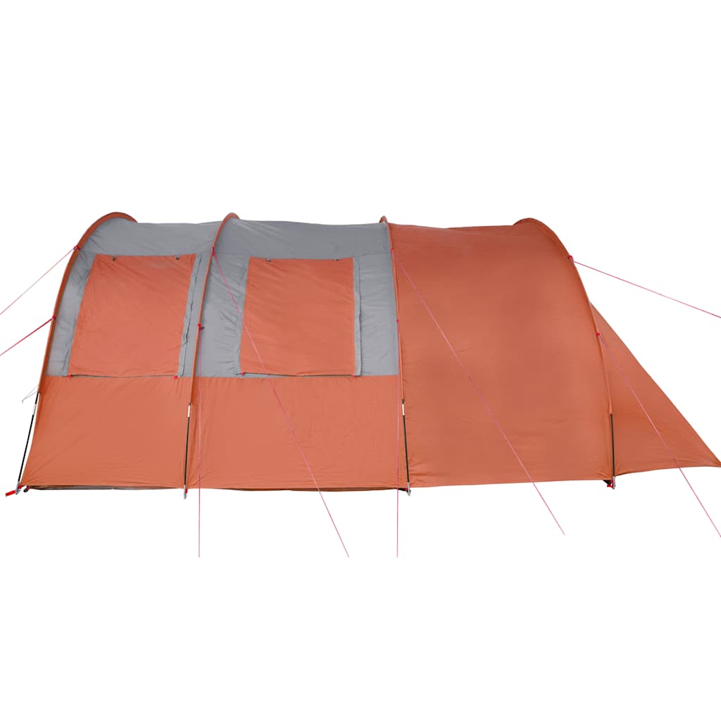 Zijaanzicht van de vidaXL 4-persoons tunneltent in grijs en oranje, met ventilatieroosters.