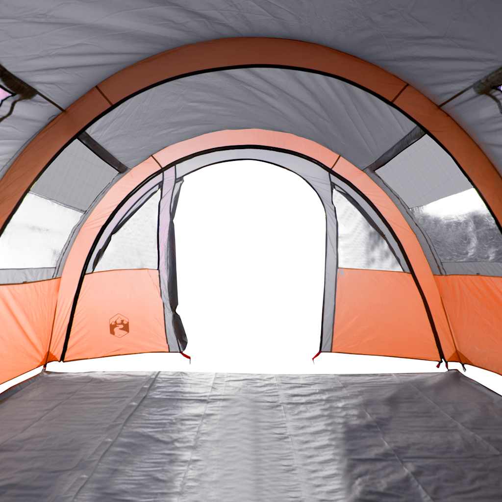 Zijaanzicht van de vidaXL tunneltent met grijze en oranje details en open ingang.
