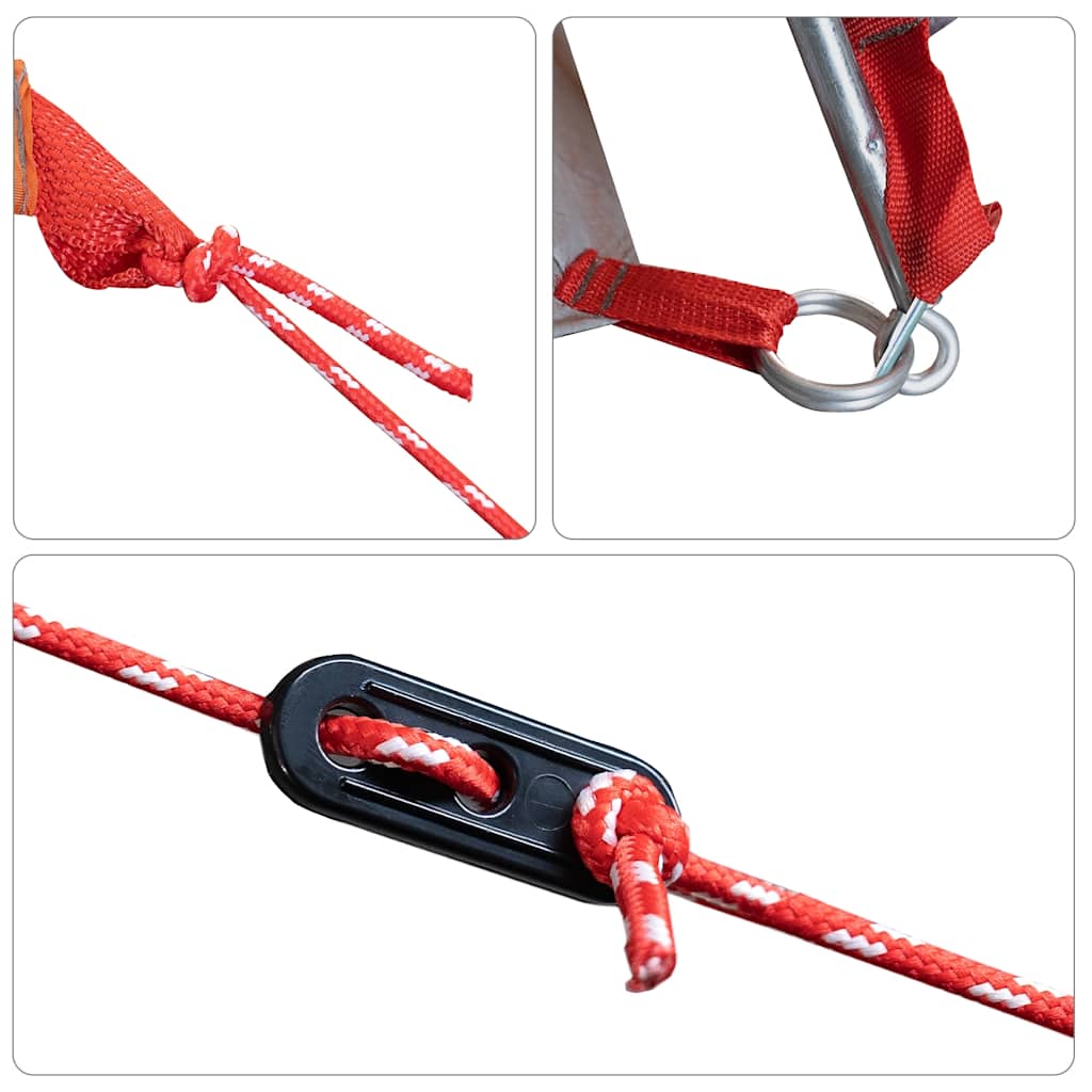 Detail van de bevestigingssystemen en koorden van de vidaXL koepeltent in oranje.