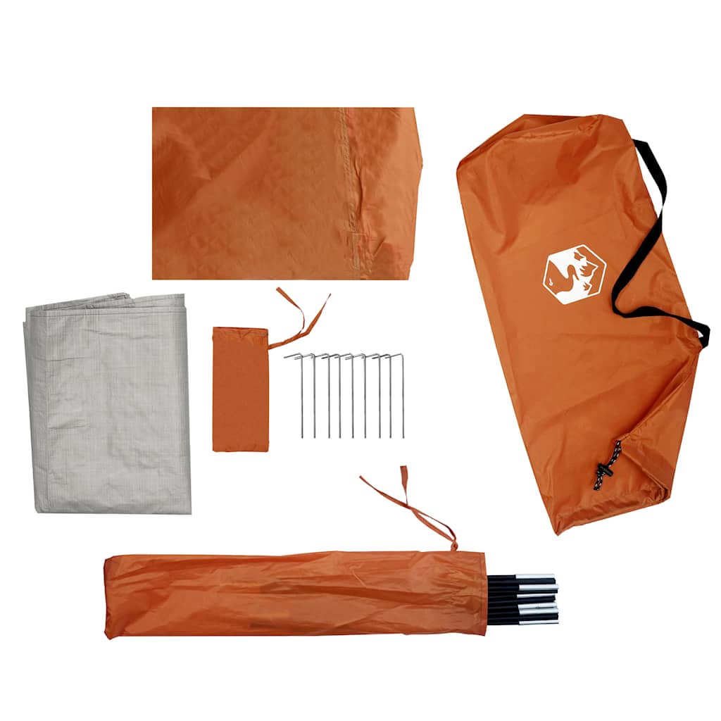 Detail van de oranje vidaXL koepeltent met stokken, haringen en beschermhoes.