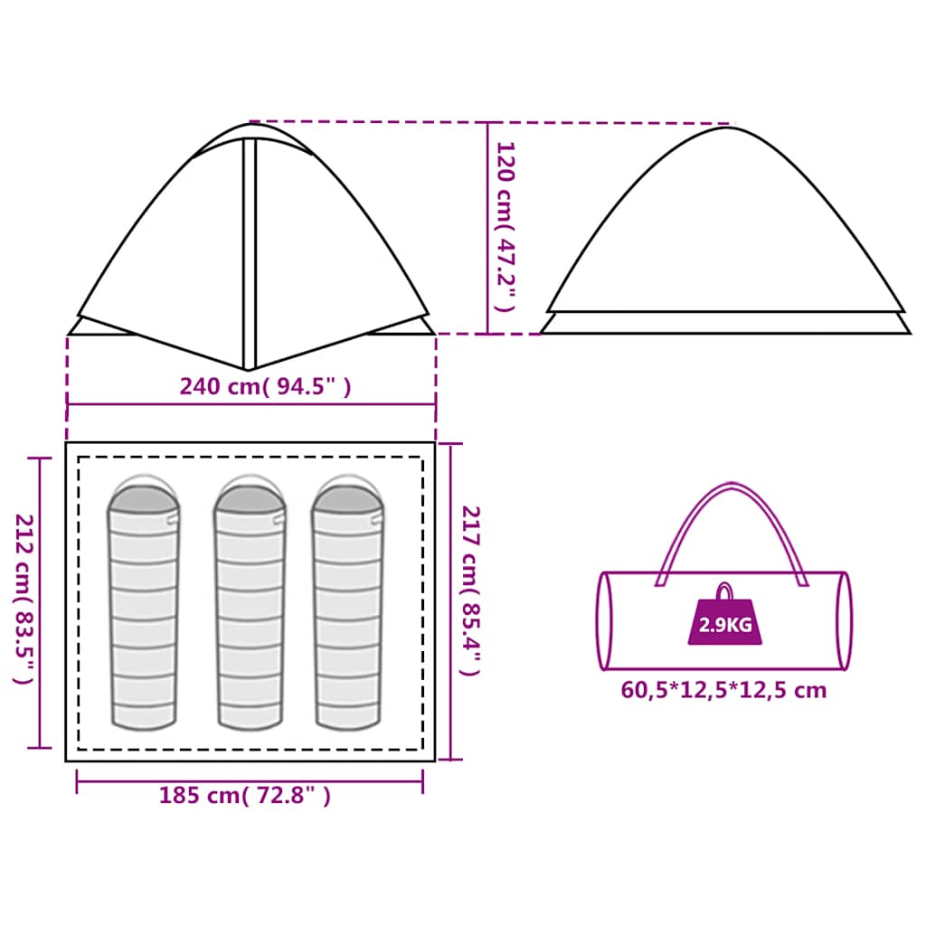 Detail van de afmetingen en opbergmogelijkheden van de vidaXL 3-persoons koepeltent.