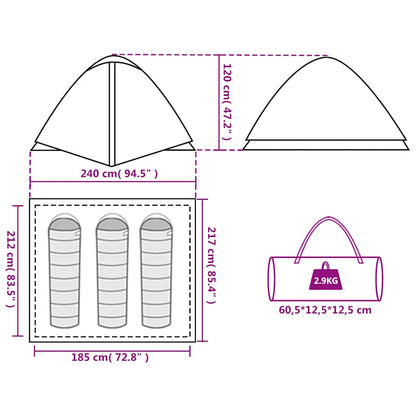 Detail van de afmetingen en opbergmogelijkheden van de vidaXL 3-persoons koepeltent.