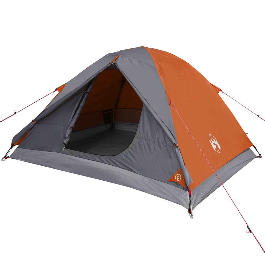 Zijaanzicht van de vidaXL koepeltent in oranje, met open ingang en grijze details.