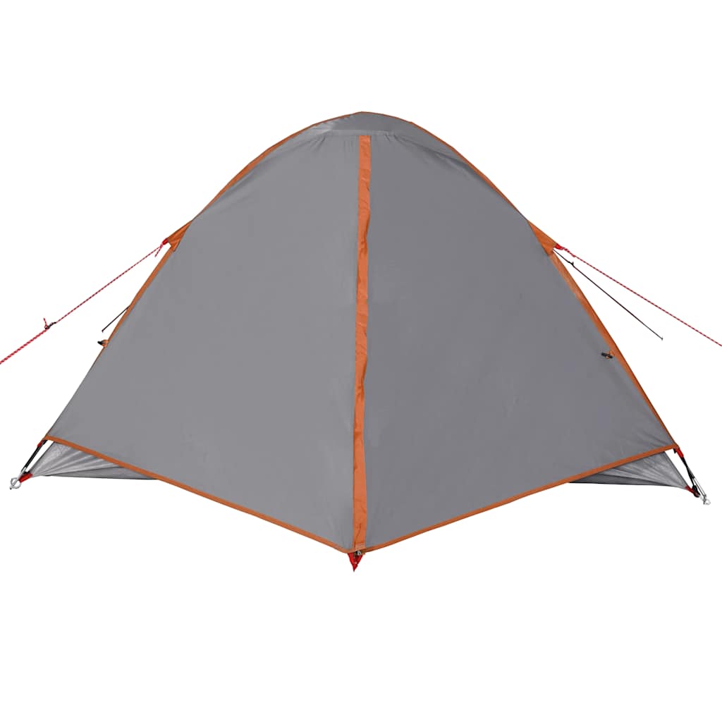 Zijaanzicht van de vidaXL koepeltent in grijs met oranje accenten.