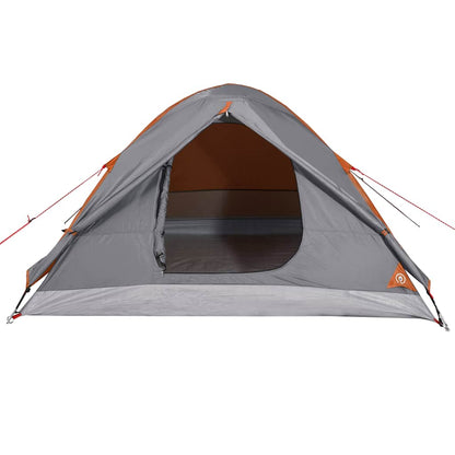 Zijaanzicht van de vidaXL koepeltent in grijs met oranje accenten en open ingang.