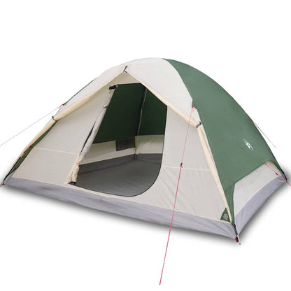 Zijaanzicht van de vidaXL koepeltent, met groene buitenkant en open ingang.