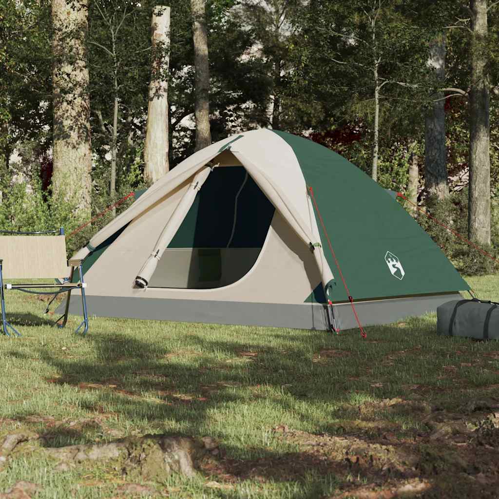 Detail van de vidaXL koepeltent in groen, zijaanzicht met open ingang en campingstoelen ernaast.