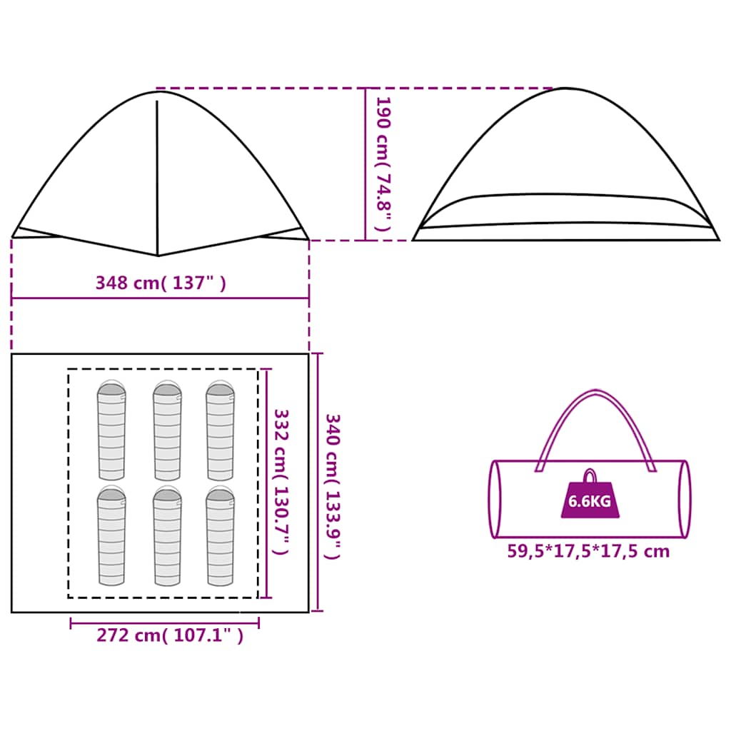 Detail van de afmetingen en specificaties van de vidaXL 6-persoons koepeltent.