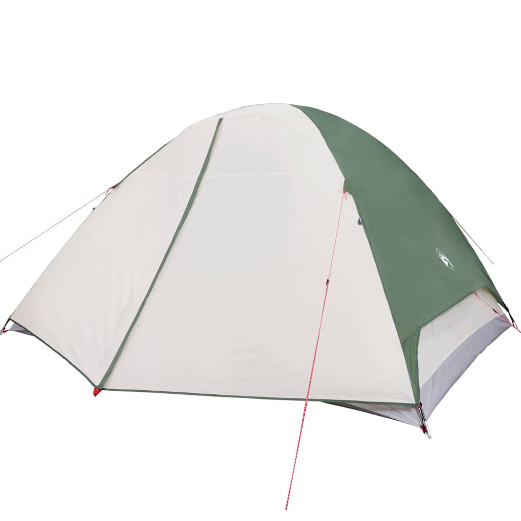 Zijaanzicht van de vidaXL koepeltent in groen, met waterdichte buitenkant en ventilatiedetails.