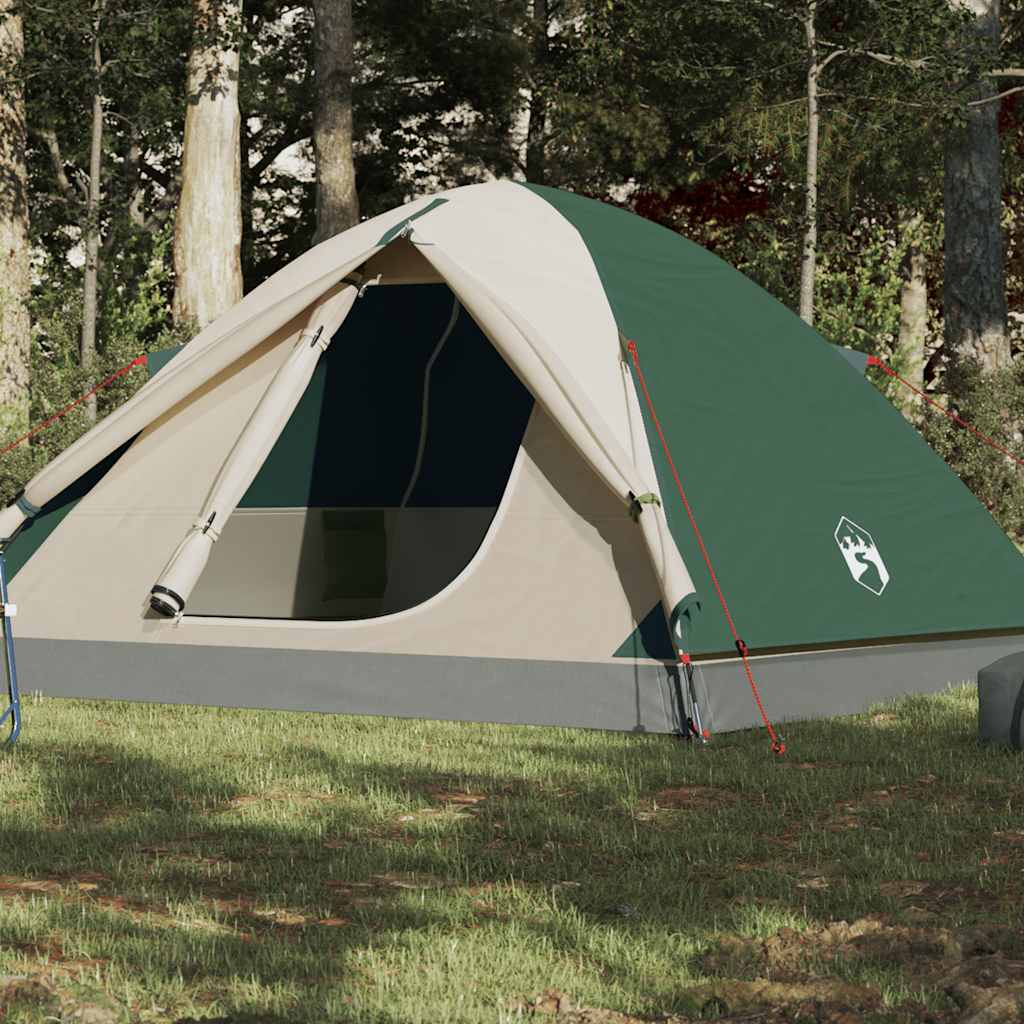 Koepeltent vidaXL 6-persoons in groen met open ingang, geplaatst in een bosrijke omgeving.
