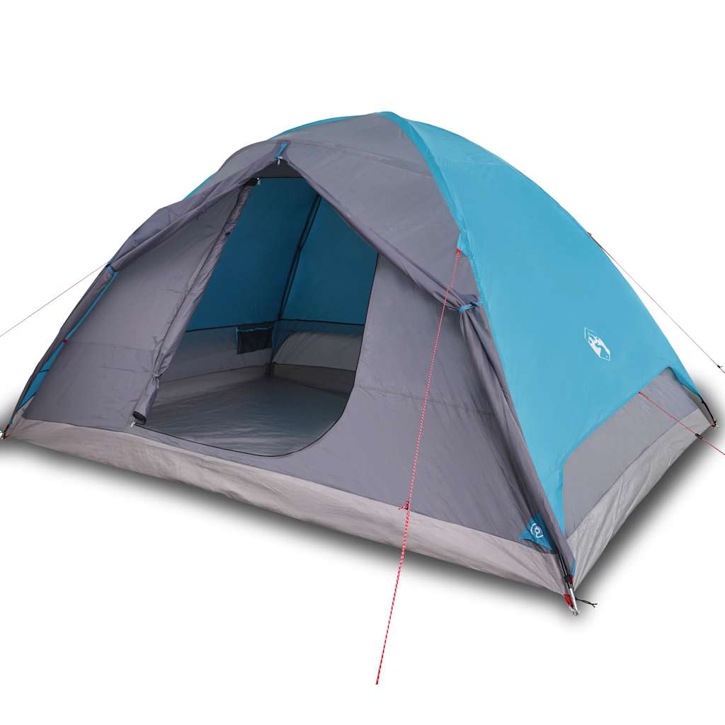 Zijaanzicht van de vidaXL koepeltent in blauw en grijs, met open ingang en ruime binnenruimte.