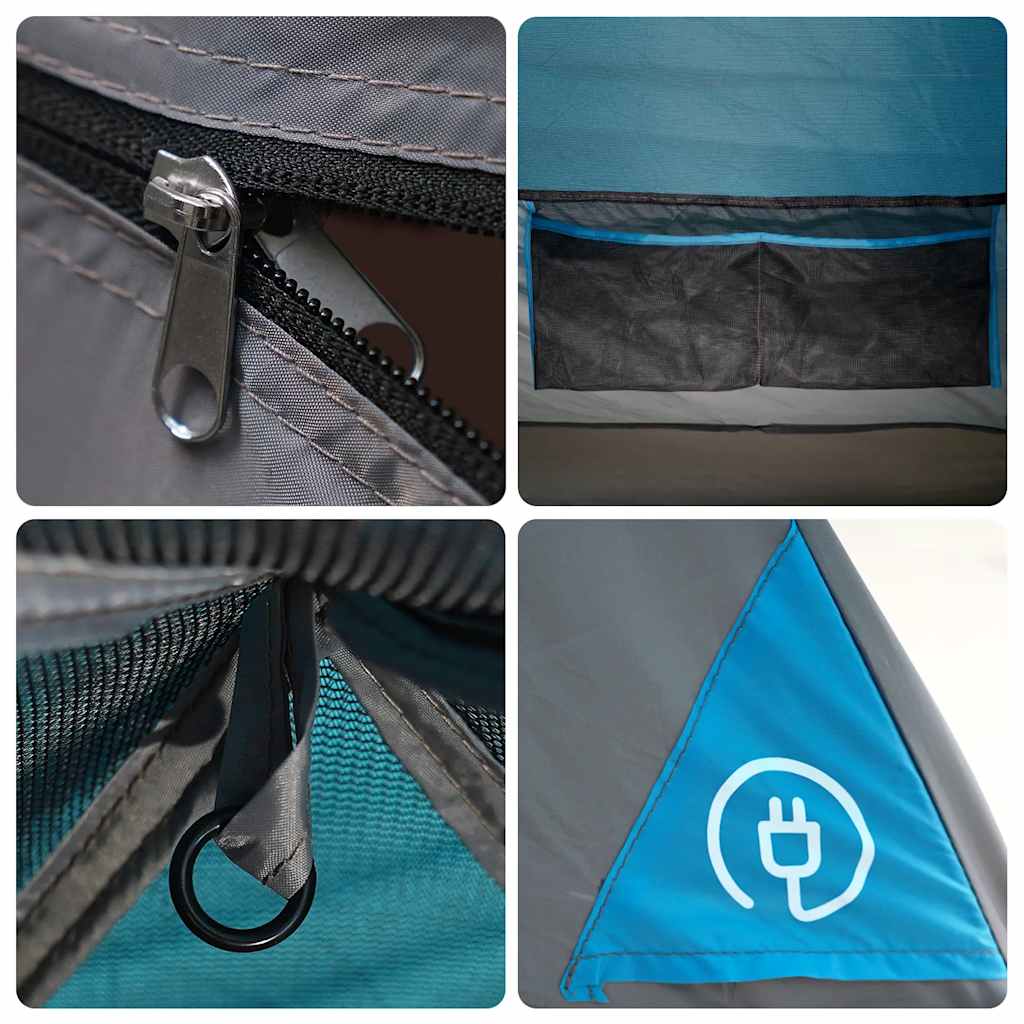 Detail van de rits en opbergvak van de vidaXL koepeltent in blauw.